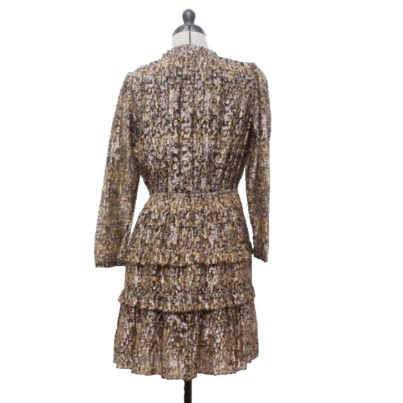 ba&sh Paris Mini Dress Sze2 Medium Printed Long Sleeve Ruffle Tiered V Neck Kaki - Picture 8 of 16